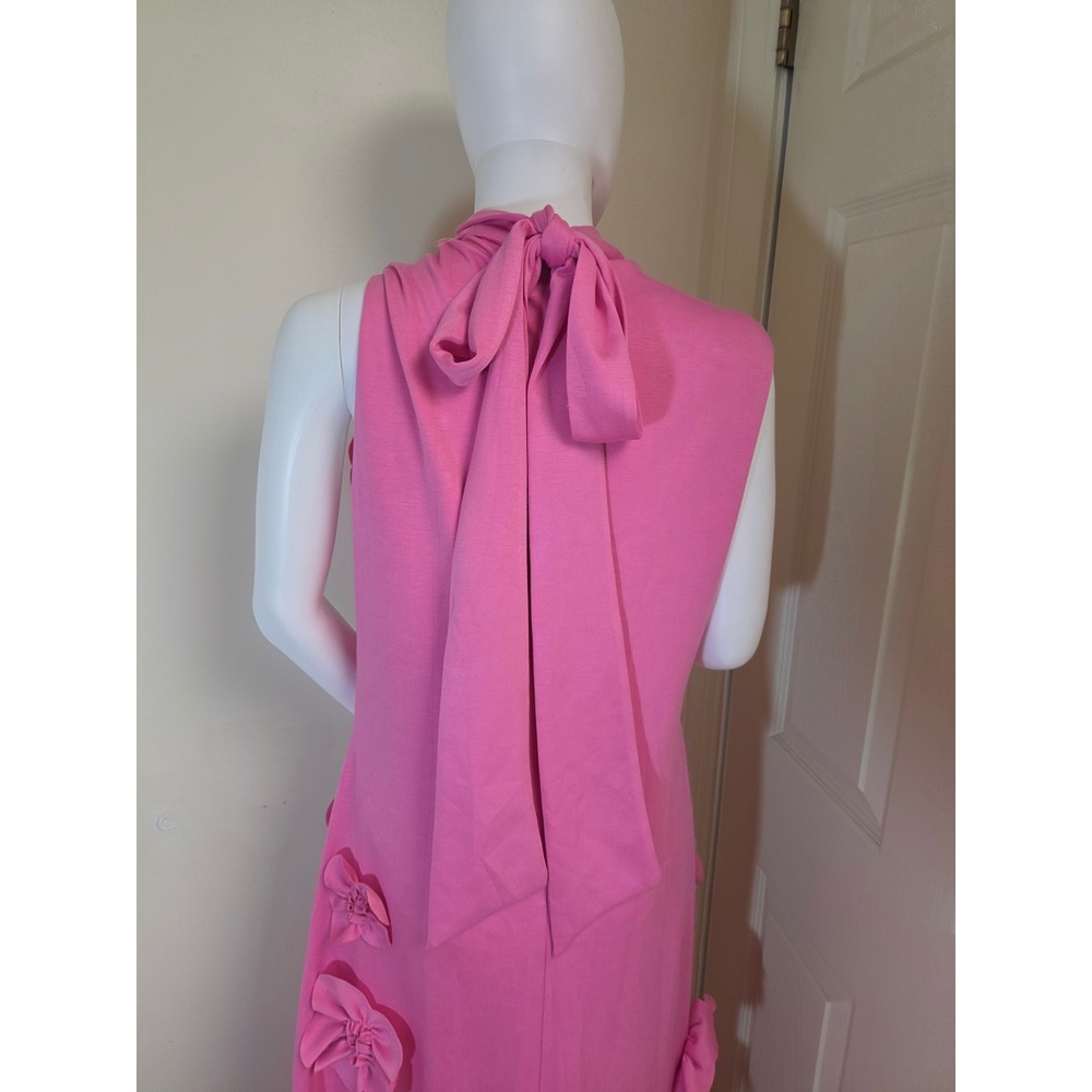 Pink 3D Floral Applique Mock Neck Maxi Dress Sleeveless Tie Back Gown Large - Picture 4 of 8